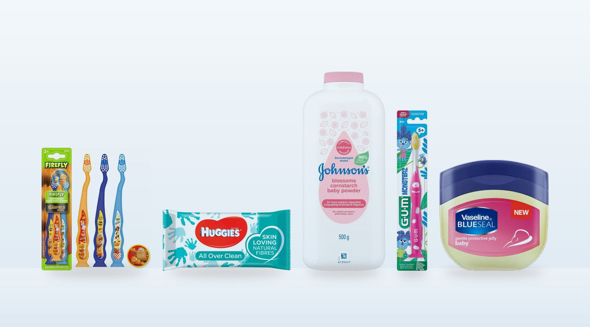 Baby Care collection: Johnson's baby powder, Huggies wipes, Vaseline and kids' toothbrushes