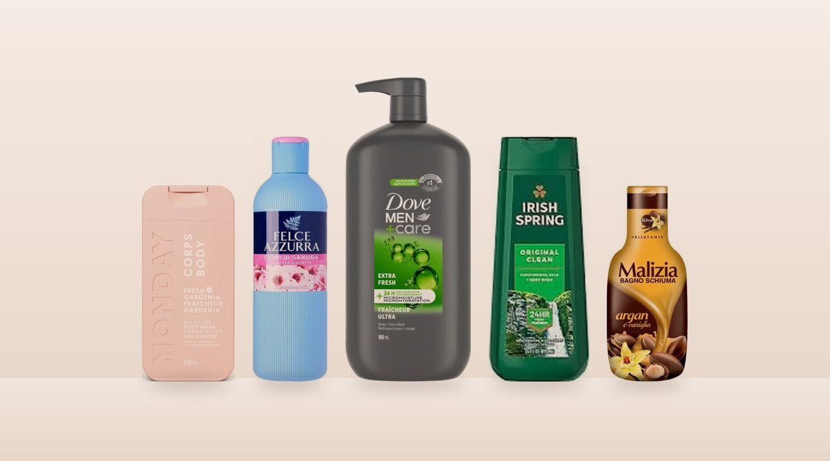 Bath & Body collection: body washes and shower gels from Dove, Felce Azzurra, Irish Spring and Malizia