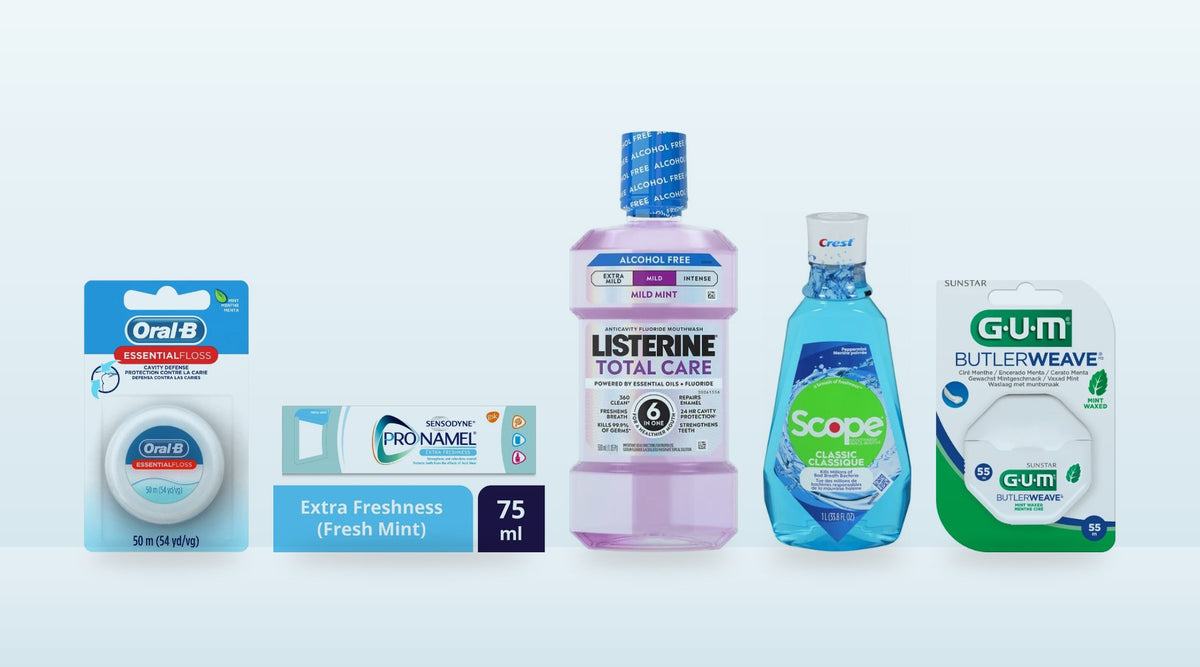 Oral Care collection: mouthwash, toothpaste and floss from Listerine, Crest Scope, Sensodyne, Oral-B and GUM