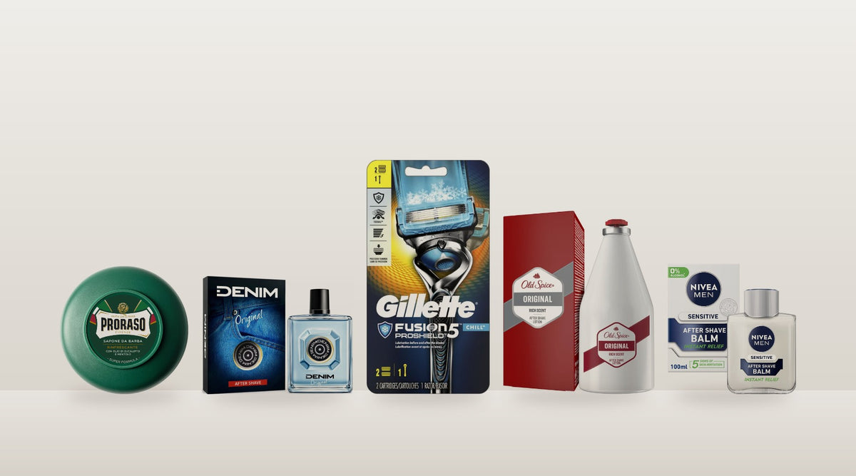 Shaving & Grooming collection: Gillette razor, Proraso shaving soap and aftershaves from Denim, Old Spice and NIVEA Men