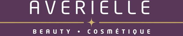 Averielle Beauty Cosmétique logo on a solid dark purple background, featuring white text and a thin horizontal gold line with a small gold star accent.