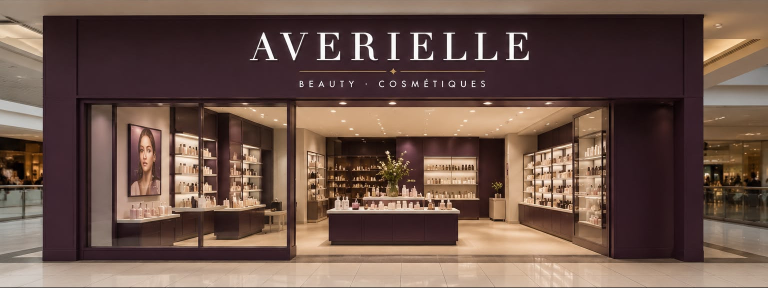 Averielle Beauty - Cosmétiques storefront in a shopping mall, featuring a dark purple facade and large glass windows displaying the interior beauty store. The brand name 'AVERIELLE' is prominently displayed above the store and in the upper portion of the image.