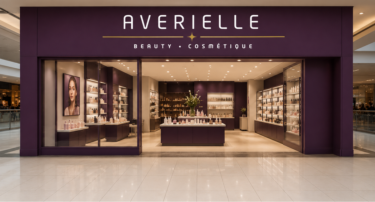 Averielle Beauty Cosmétique storefront in a mall, featuring a deep purple facade with white lettering and an open entrance showing a well-lit interior with shelves and display counters.